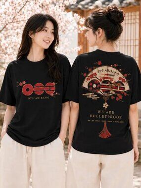 BTS Arirang Bulletproof Folding Fan Shirt, Two Sided Cherry Blossom Graphic Tee